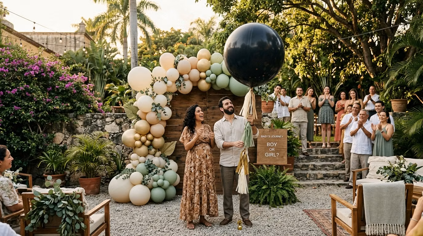 Pareja sosteniendo globo gigante negro de gender reveal frente a arco de globos boho en jardín
