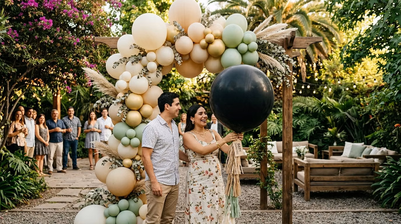 Pareja sosteniendo un globo gigante negro con tassel para la revelación de género, junto a un arco de globos verde salvia y crema, con invitados observando en el jardín