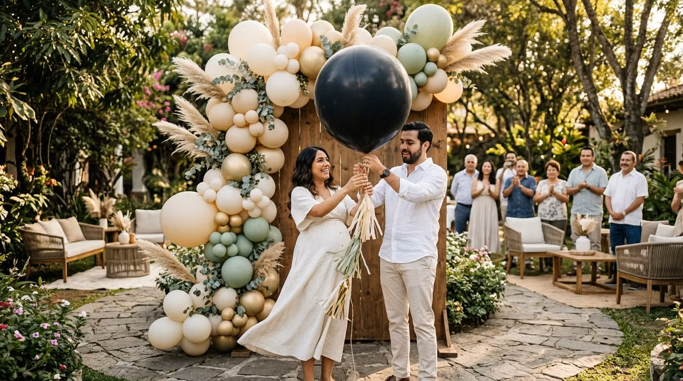 Pareja sosteniendo globo gigante negro de gender reveal frente a invitados y arco de globos boho