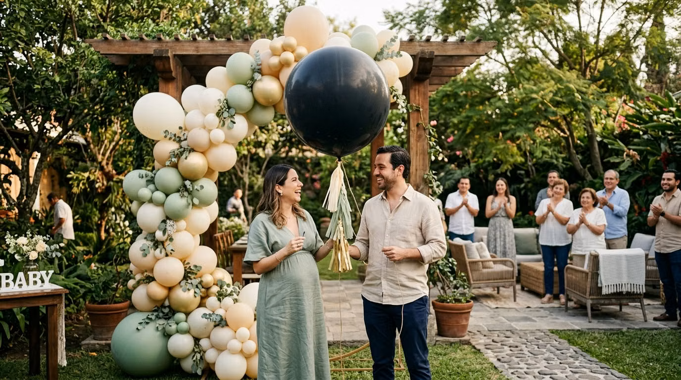 Pareja embarazada sonriendo mientras sostiene un globo gigante negro de gender reveal con tassel, frente a un arco de globos verde salvia y crema en el jardín