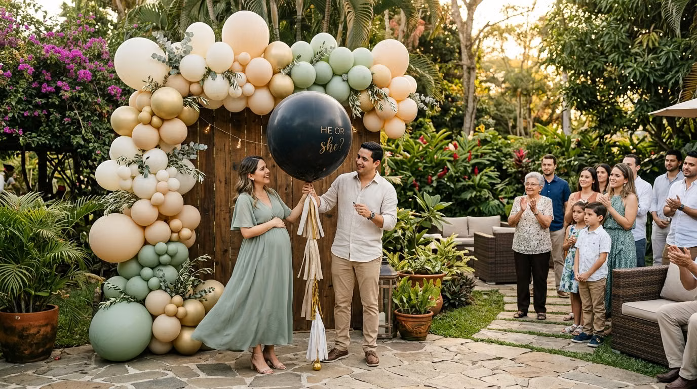 Familia reunida presenciando la revelación de género con globo gigante negro y arco boho