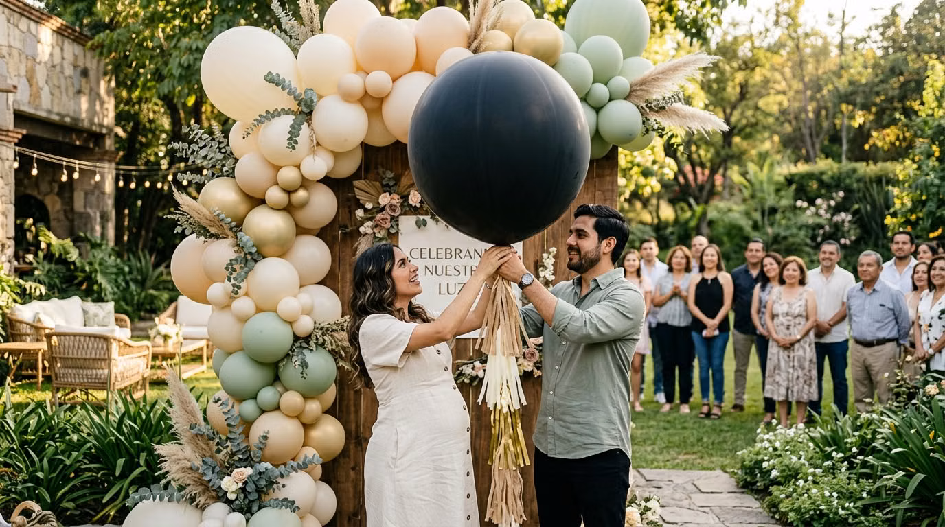 Pareja levantando juntos un globo gigante negro de gender reveal con tassel dorado, con invitados aplaudiendo alrededor de un arco de globos verde salvia