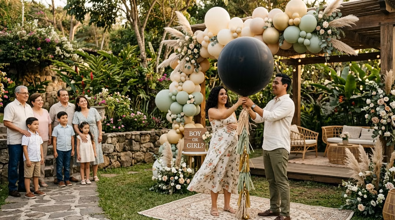 Pareja preparando globo gigante negro de gender reveal con listón junto a arco de globos en jardín