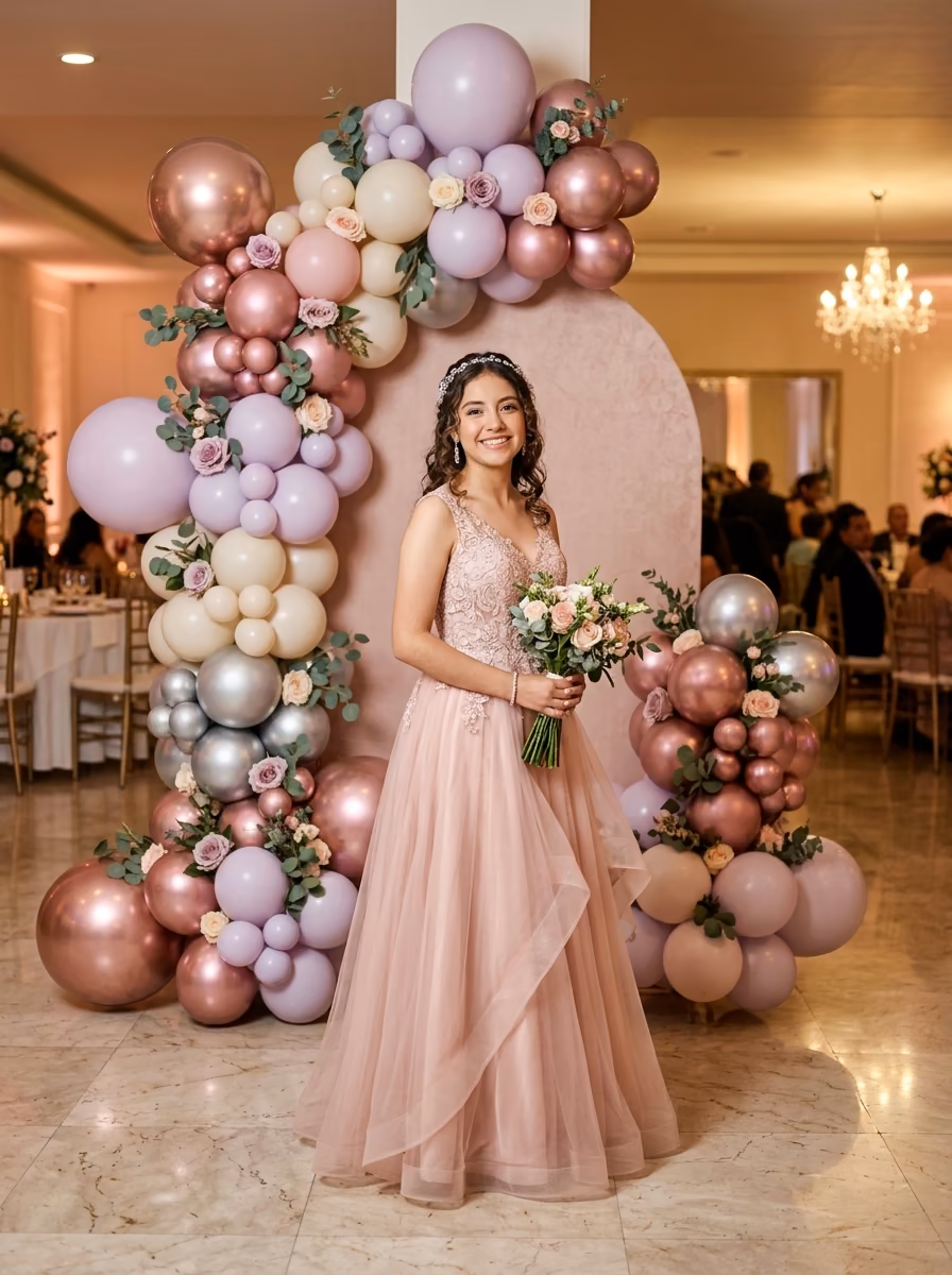Quinceañera con tiara frente a arco circular de globos rosa, lavanda y plata cromado en salón