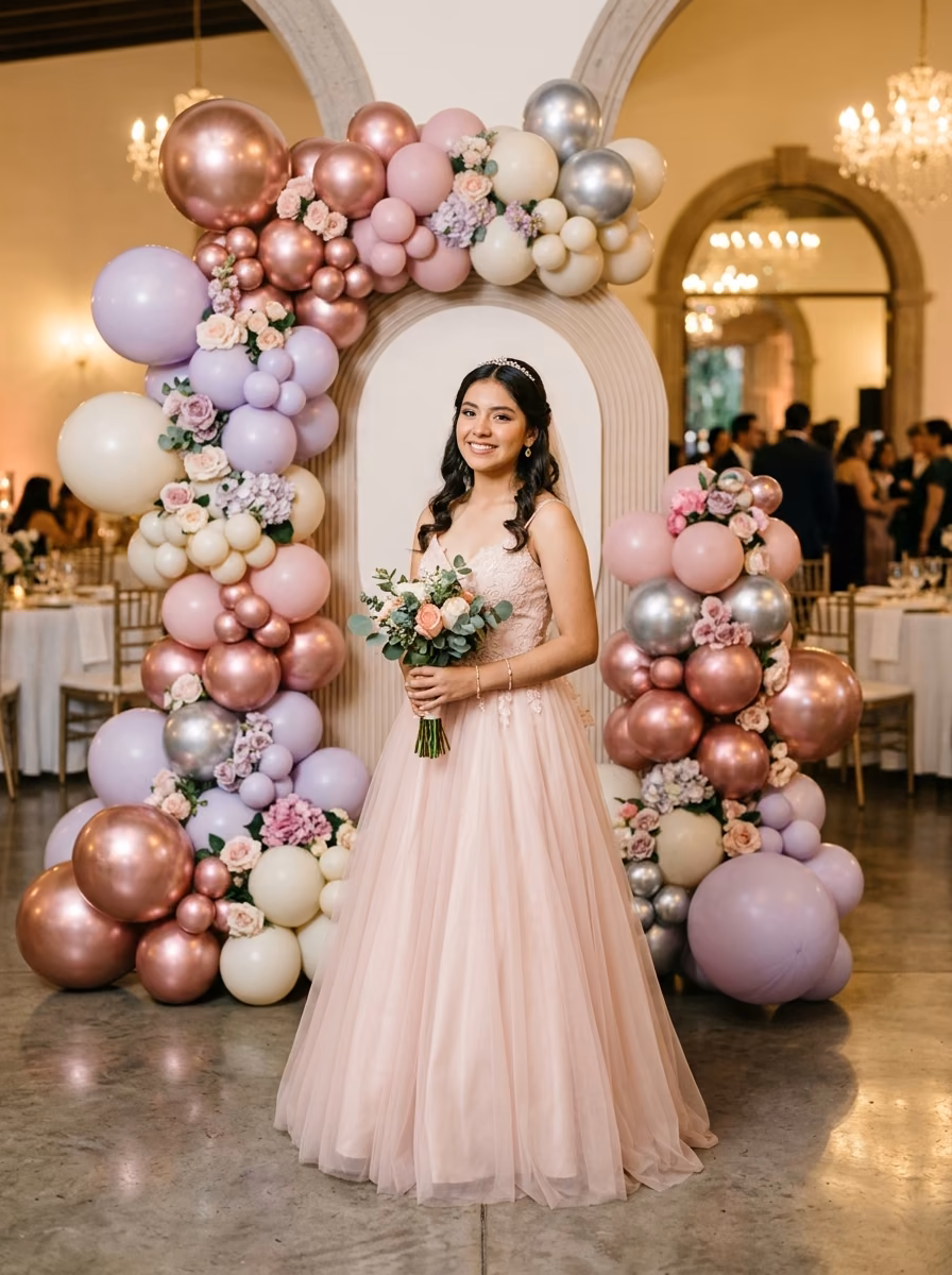 Quinceañera con tiara y vestido rosa frente a arco circular de globos rosa, lavanda y chrome plateado