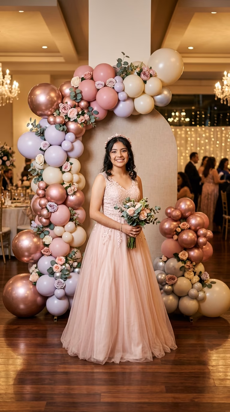 Quinceañera con vestido rosa palo sosteniendo su ramo junto a un arco de globos rose gold, lavanda y champagne con rosas y eucalipto, en un salón con candelabros