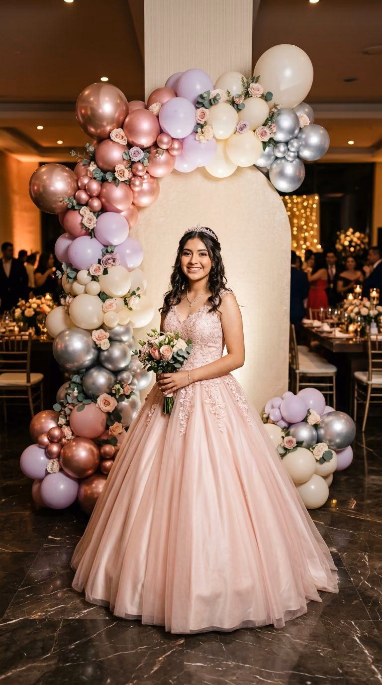 Arco circular de globos rosa, blanco y verde salvia con flores para ceremonia de XV años en jardín
