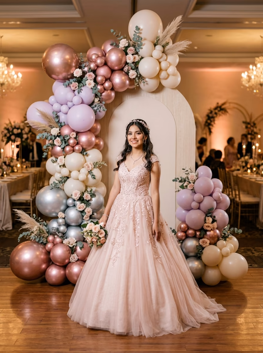 Quinceañera con vestido rosa posando frente a arco de globos rosa, lavanda y chrome rose gold