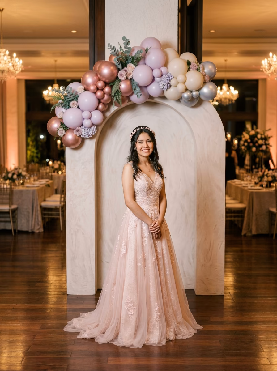 Quinceañera con corona floral sonriendo bajo un arco de globos rose gold, lavanda y plata sobre un vano de piedra, con mesas del salón de fondo