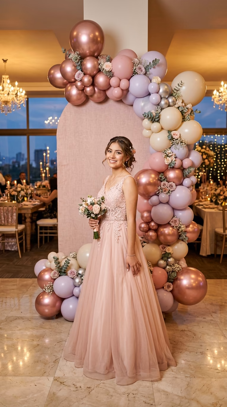 Quinceañera sosteniendo ramo de flores junto a columna de globos rosa y chrome rose gold