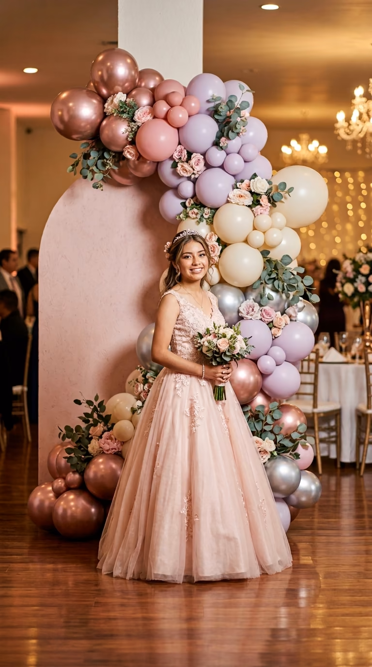 Quinceañera posando junto a columna de globos rosa y chrome plateado con flores en salón elegante