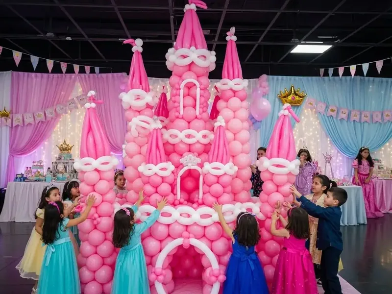 Castillo gigante de globos rosa y blanco como escultura central en una fiesta temática de princesas