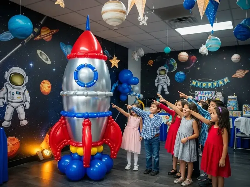 Cohete espacial armado con globos rojos, azules y plateados en un salón con temática de astronautas