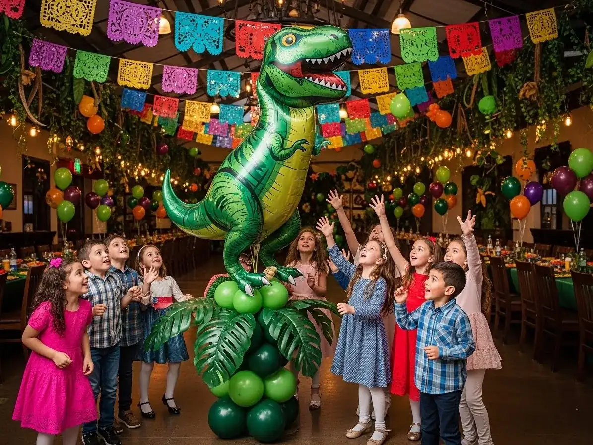 Figura de dinosaurio T-Rex hecha con globos para fiesta infantil temática