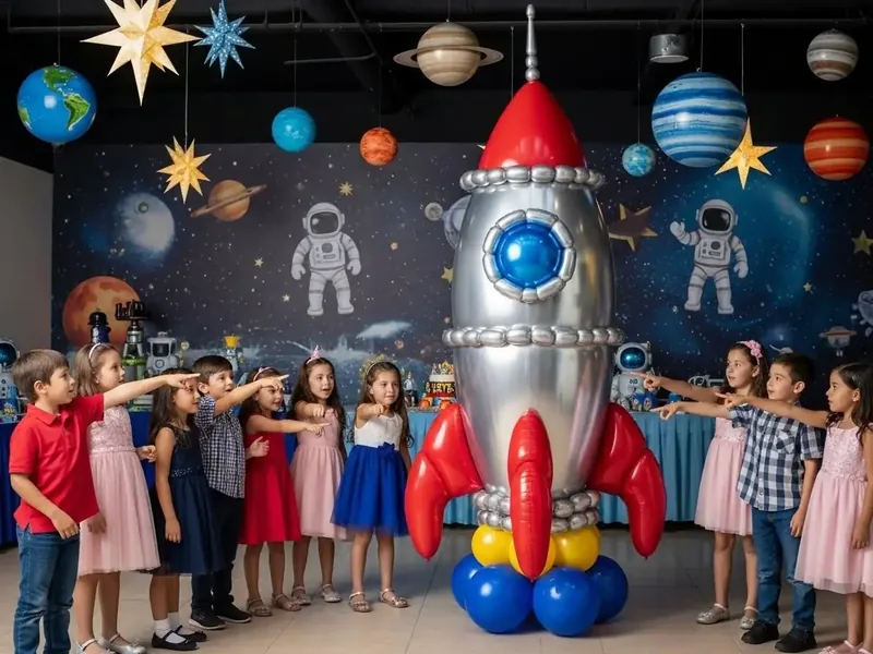 Nave espacial de globos plateados y azules en un salón decorado con planetas y temática espacial completa