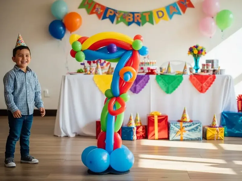 Número 7 armado con globos de colores del arcoíris en una fiesta infantil, con un niño posando junto a la figura