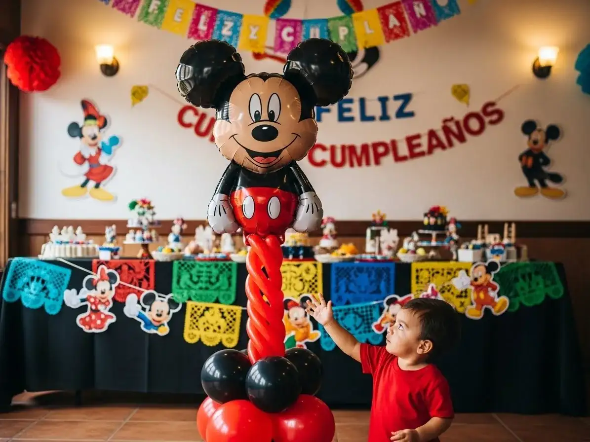 Figura de globo foil de personaje clásico de caricatura sobre columna roja y negra en cumpleaños de niño