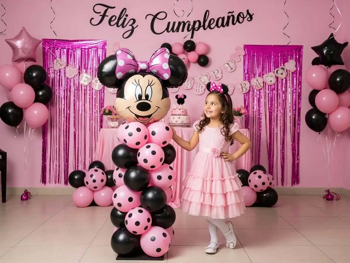 Figura de globo foil de personaje de caricatura sobre columna rosa y negro de lunares en un cumpleaños