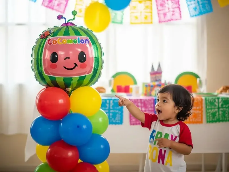 Figura de globo foil de personaje infantil sobre columna multicolor en fiesta de cumpleaños de un bebé