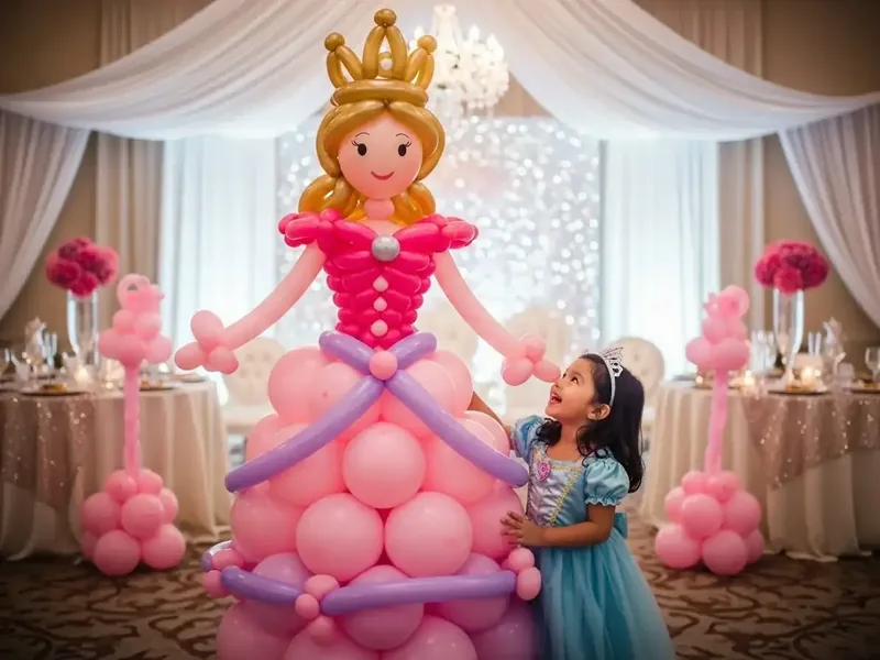 Figura de una princesa con corona armada con globos en tonos rosa, con una niña disfrazada mirándola