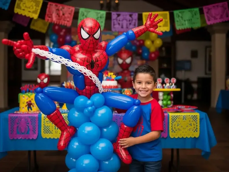 Escultura de un superhéroe en traje rojo y azul armada con globos, con un niño disfrazado posando junto a ella