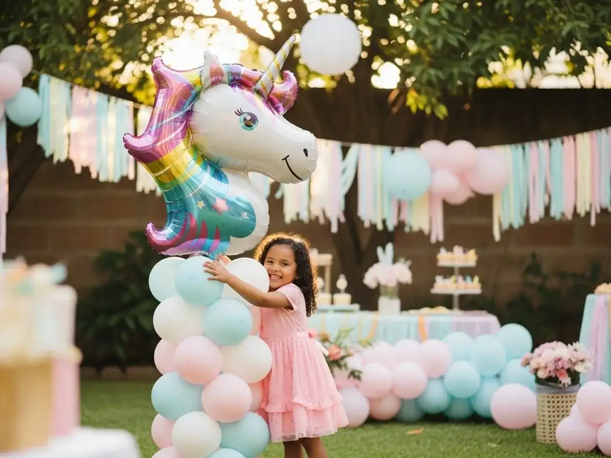 Figura de unicornio con globos pastel para fiesta infantil en jardín