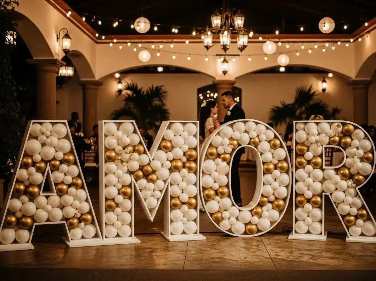Letras gigantes AMOR de globos dorado y blanco para boda en hacienda, CDMX