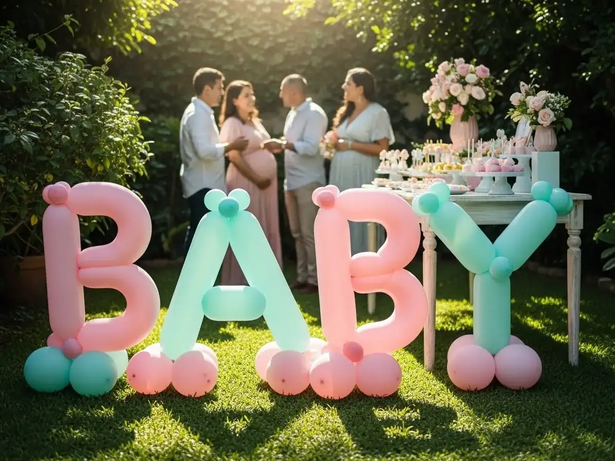 Letras gigantes de globos que forman la palabra BABY en rosa y menta en un baby shower al aire libre