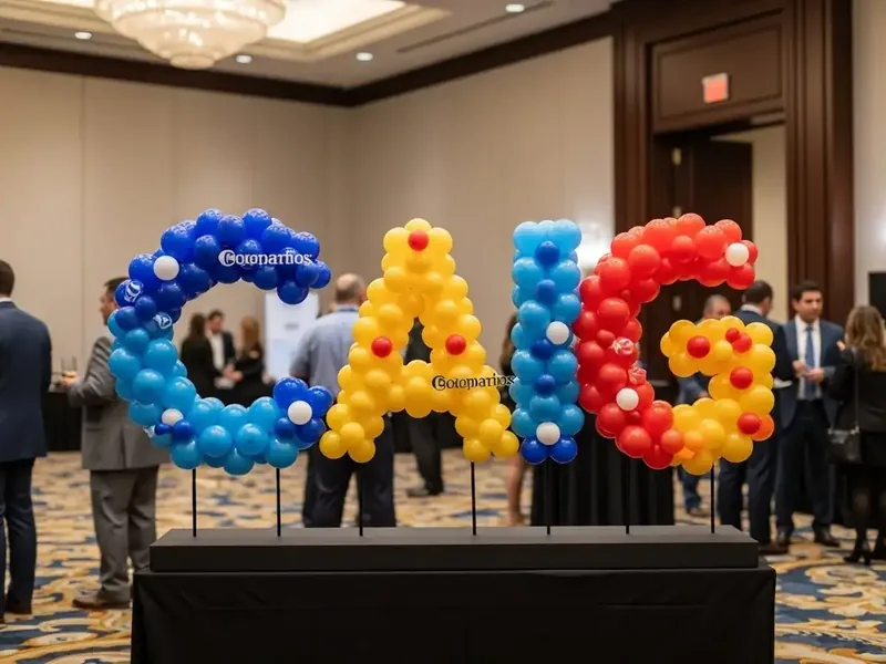 Logotipo corporativo recreado con globos de colores sobre un tablero, en un evento empresarial