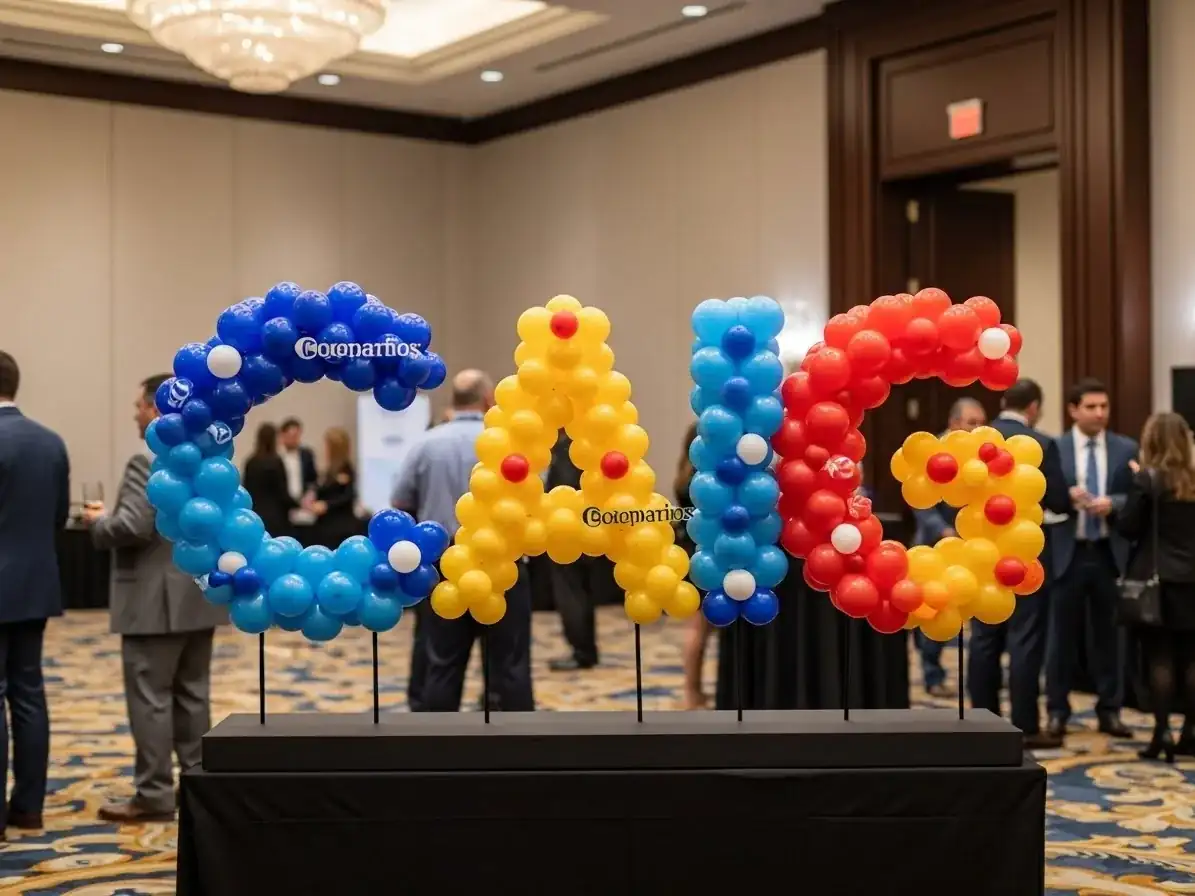 Logo corporativo construido con globos de colores para evento empresarial