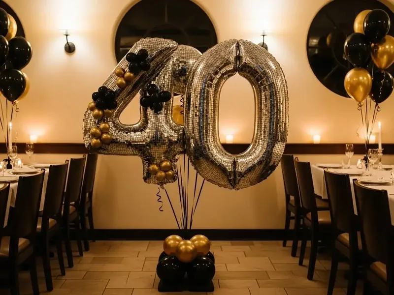 Número 40 gigante con globos plata y negro estilo disco en un restaurante para cumpleaños de adulto
