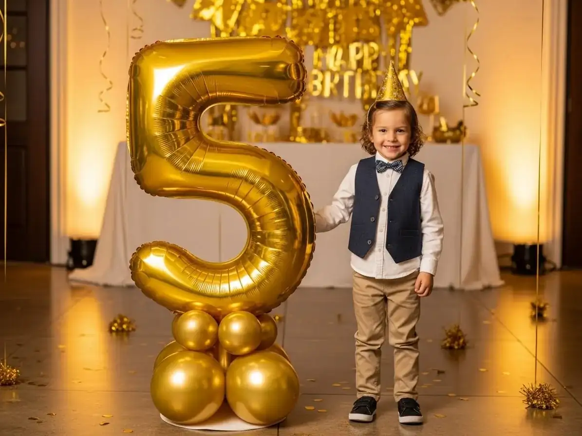 Número 5 gigante dorado de globos junto a un niño festejado en celebración elegante