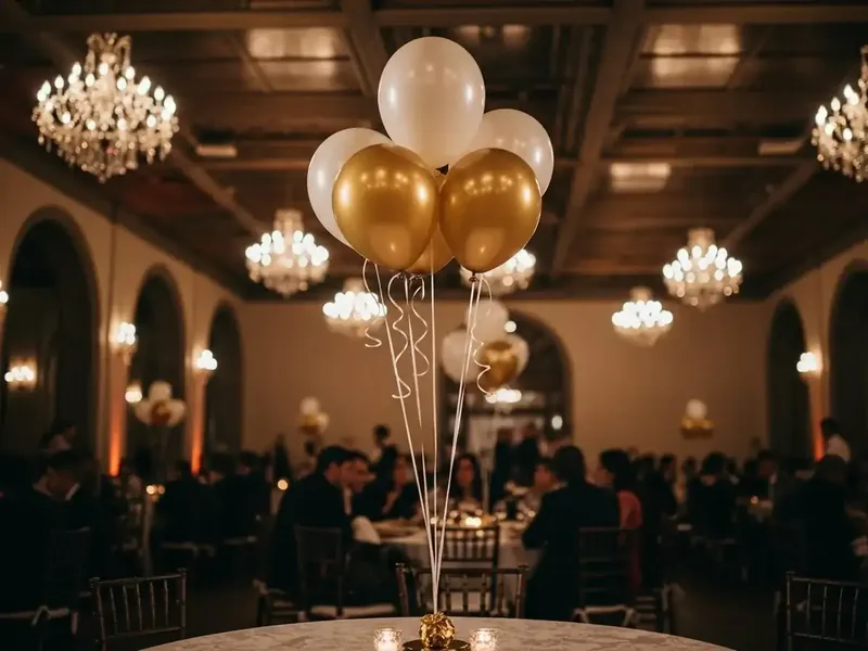 Centro de mesa de globos multicolor montado sobre una base alta plateada, en un salón con candelabros