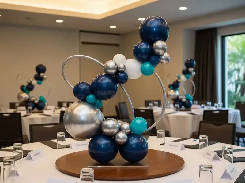Escultura de globos azul marino, plata y teal con aros decorativos sobre mesa redonda en sala de conferencias de hotel