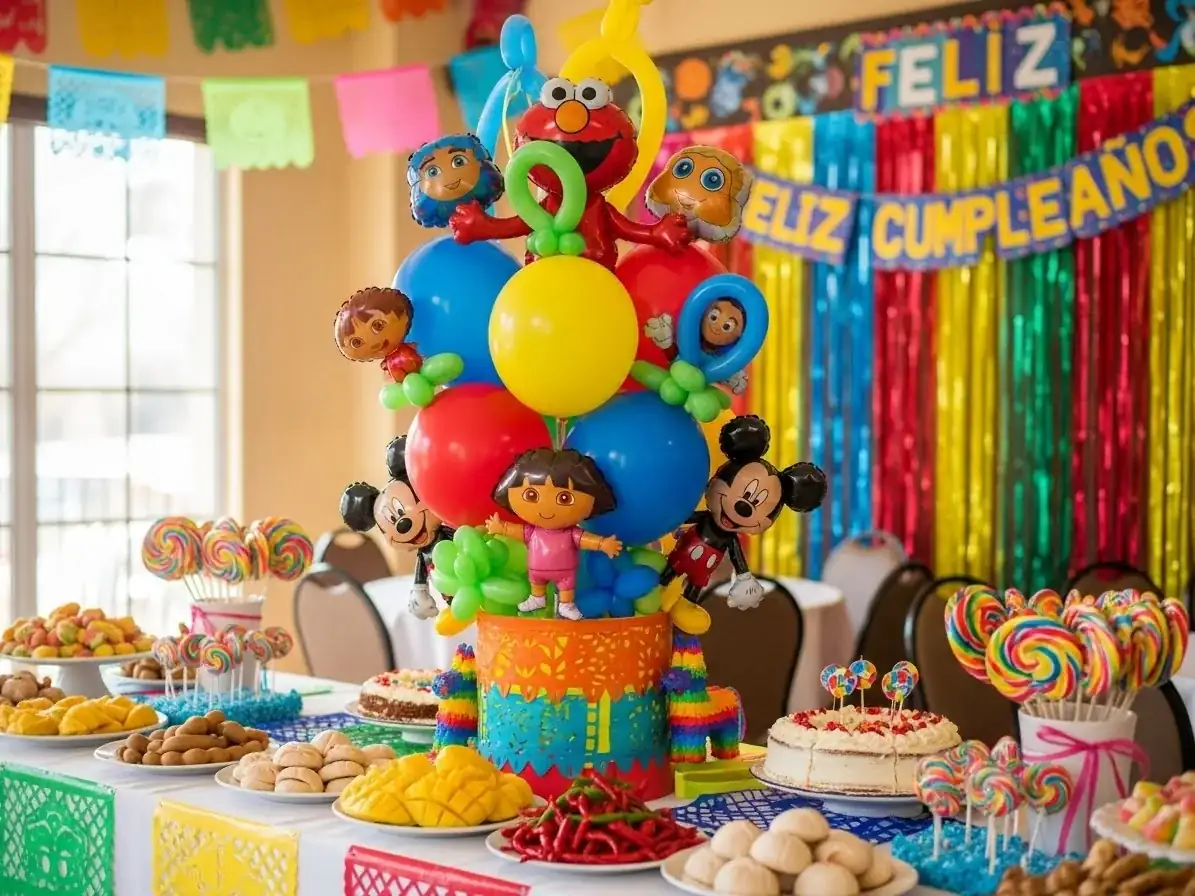 Centro de mesa de globos con piñata de sol para fiesta mexicana