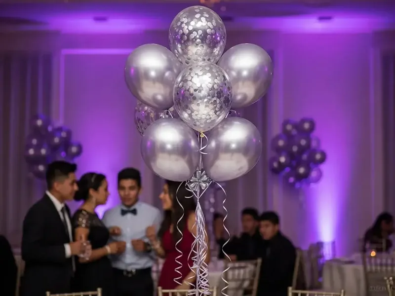 Bouquets de globos plateados y transparentes con confeti sobre las mesas de un salón con iluminación morada