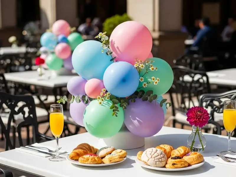 Centro de mesa con globos pastel y margaritas en terraza de brunch con mimosas y pan dulce