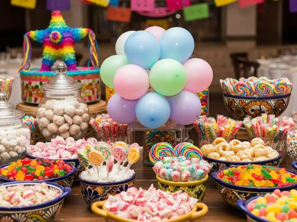 Centro de mesa de globos en mesa de dulces mexicana
