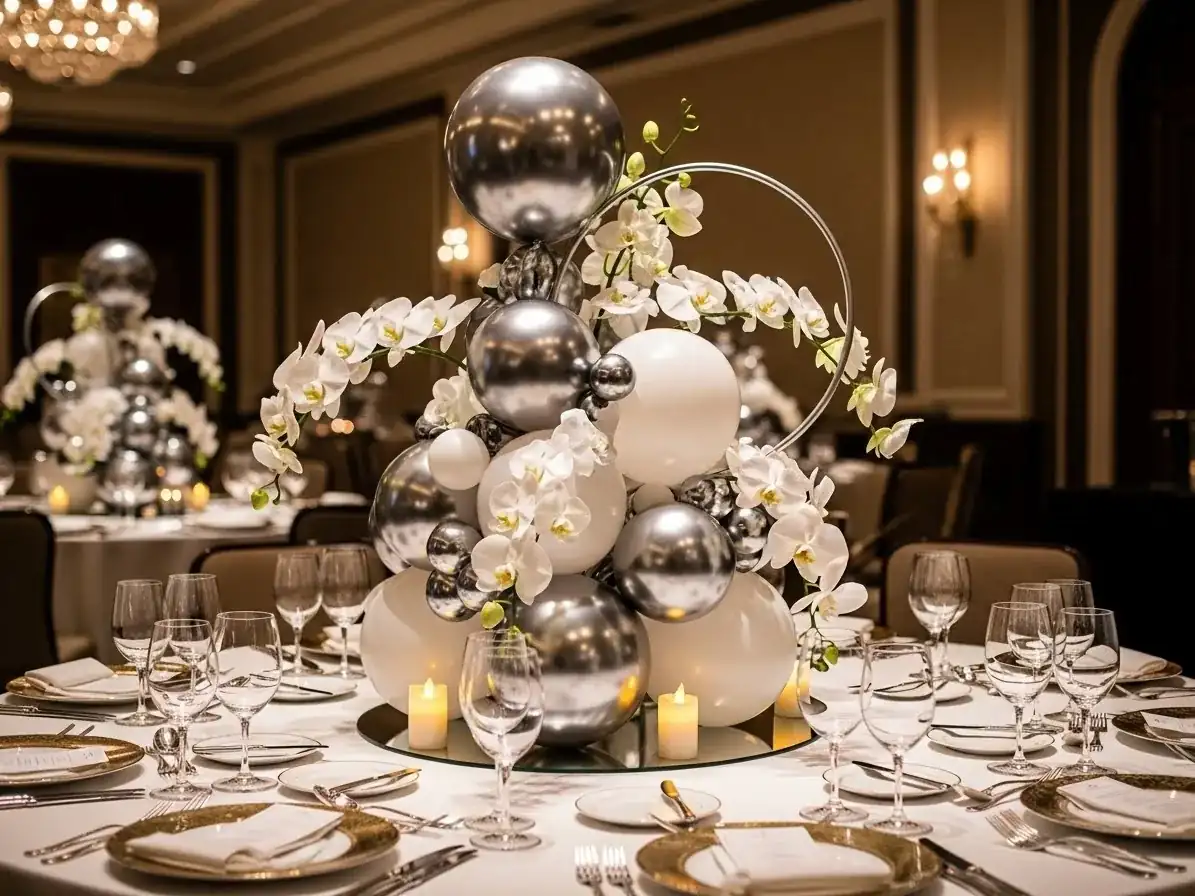 Centro de mesa con globos plata, blanco y orquídeas para gala elegante, CDMX