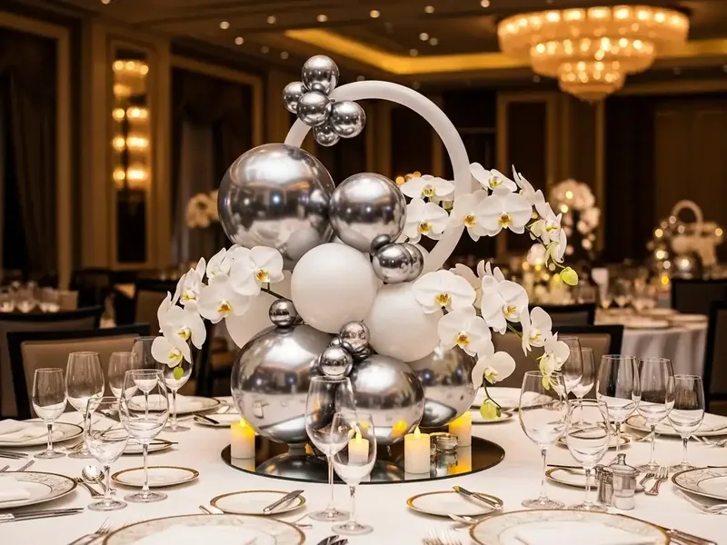 Centro de mesa de globos plateados cromados con orquídeas blancas sobre una mesa redonda en el salón de un hotel