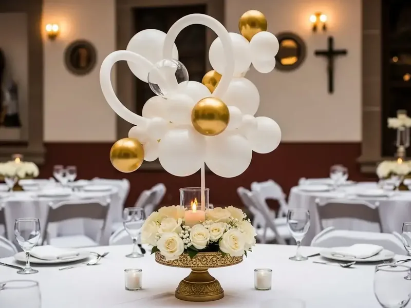 Escultura de globos blancos con esferas doradas y rosas blancas junto a cruz dorada en salón de banquetes