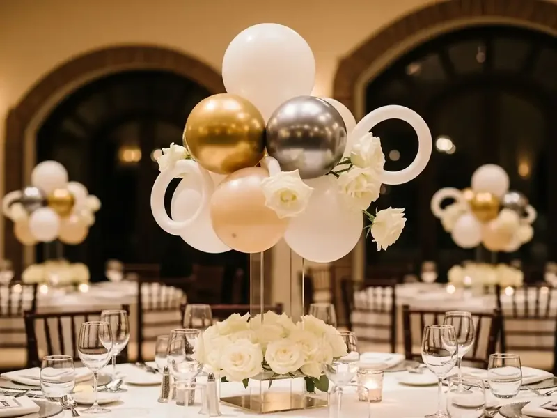 Centro de mesa de globos en dorado cromado, plata y crema sobre una mesa de boda elegante
