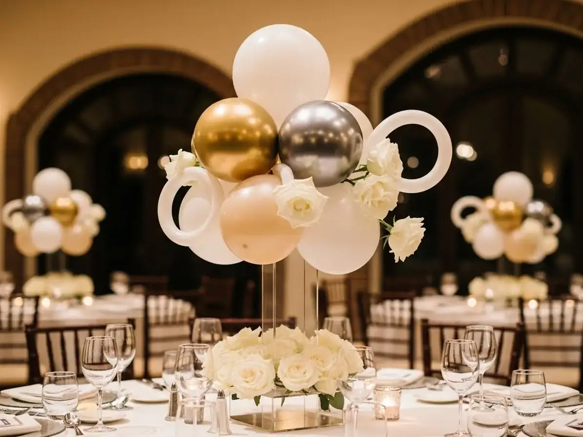 Centro de mesa con globos rosa y dorado para boda elegante