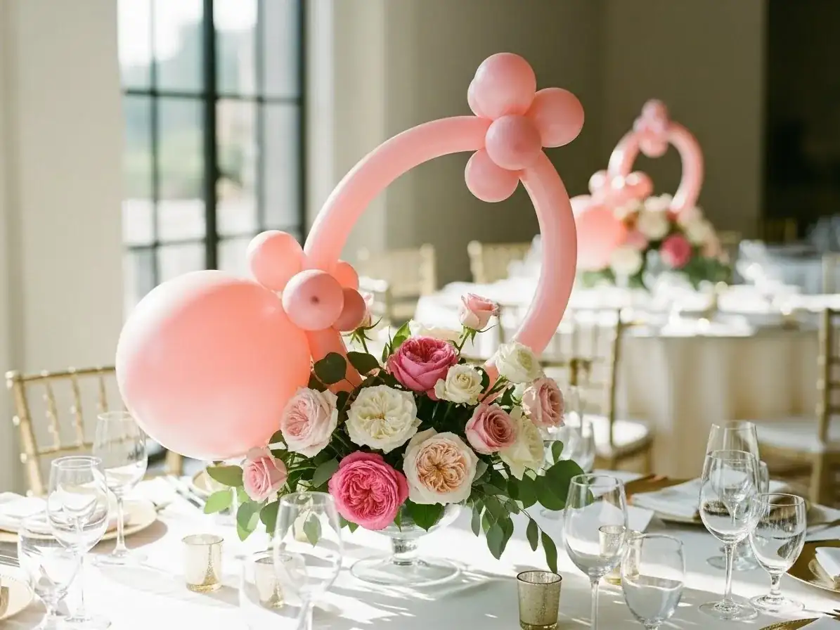 Aro de globos color blush sobre ramo de rosas rosa, blanco y crema, recepción de boda luminosa con sillas doradas