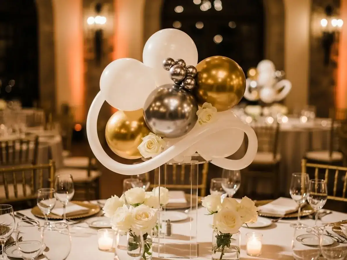 Aro de globos blanco, dorado y plata sobre rosas blancas, salón de recepción elegante con sillas Chiavari doradas
