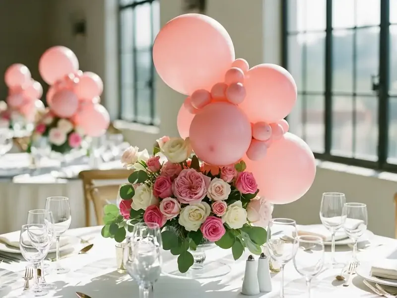 Centro de mesa de globos rosas y blancos con rosas naturales, sobre una mesa de recepción junto a un ventanal