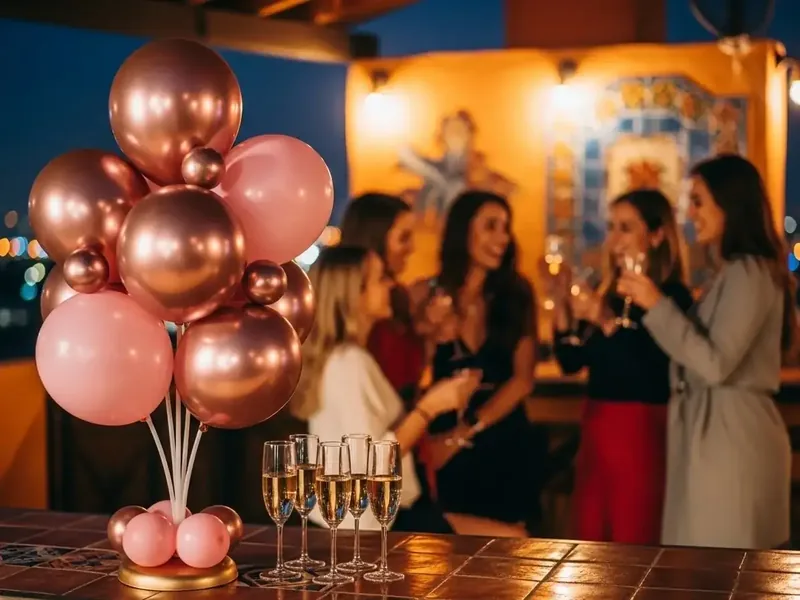 Centro de mesa con globos rose gold y blush en terraza de bar con copas de champán y grupo de mujeres brindando