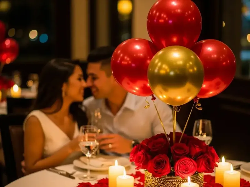 Centro de mesa con globos rojos y dorados sobre urna con rosas rojas y velas, pareja abrazada en cena romántica
