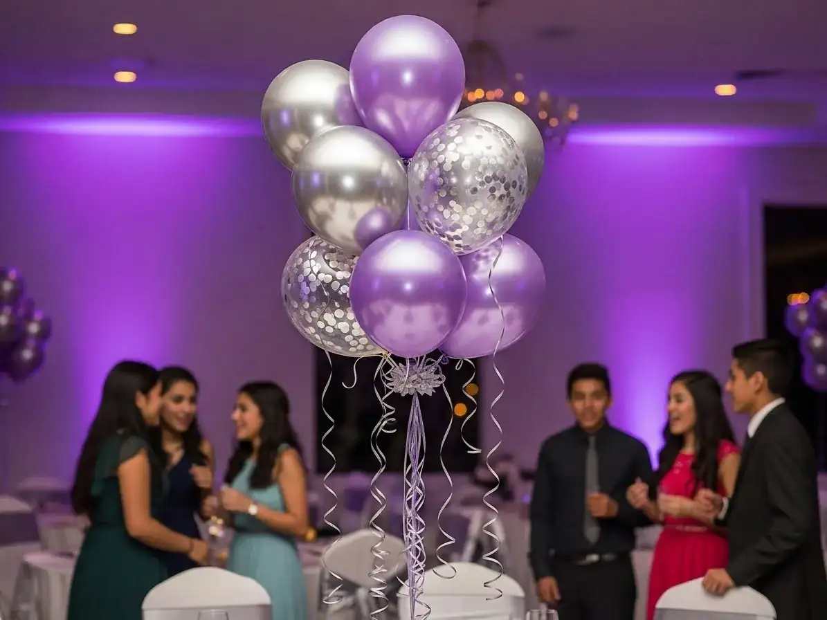 Centro de mesa con globos lavanda y plata en salón con iluminación morada y jóvenes vestidos de gala