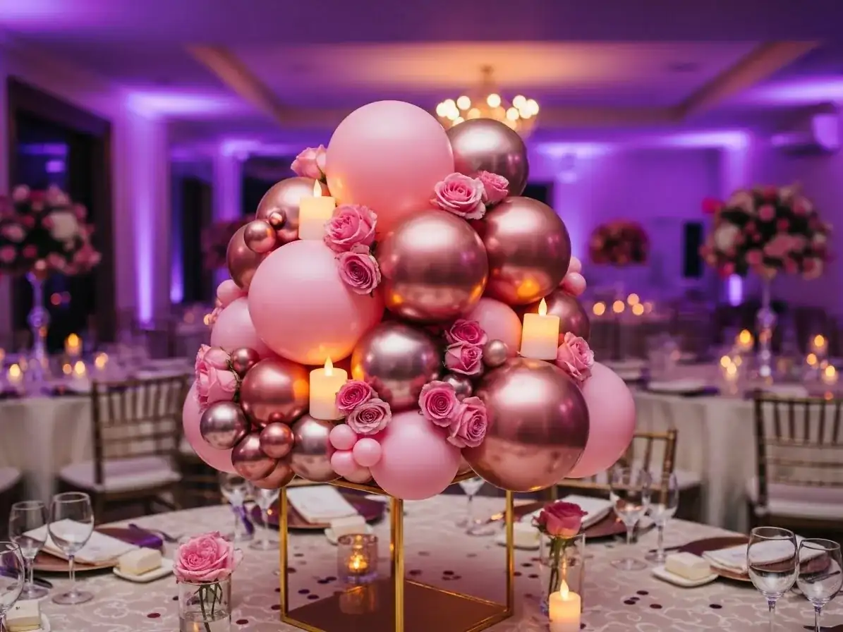 Centro de mesa con globos rosa y rose gold, rosas y velas LED sobre pedestal dorado en salón de gala con confeti
